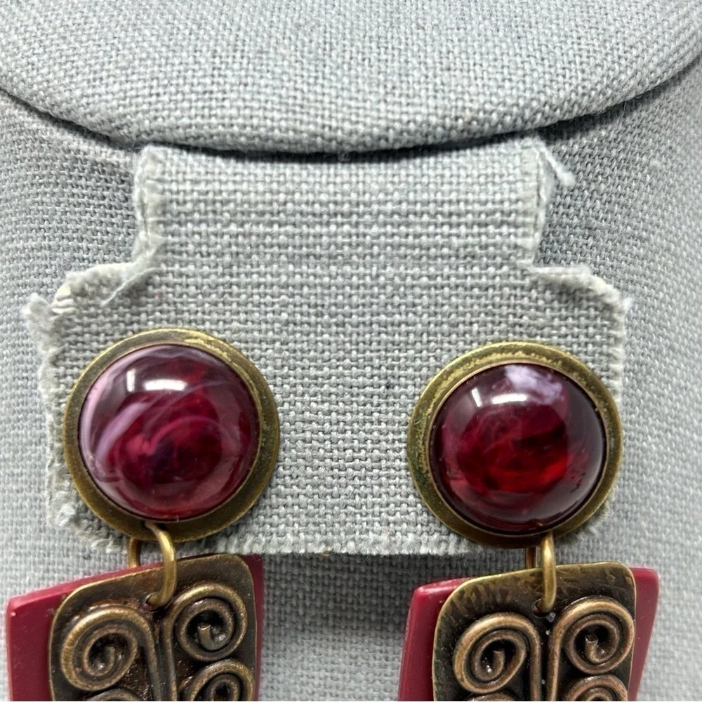 Boho Red Swirl Stud Dangle Earrings with Bronze Swirl Knotted Design Unique